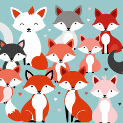 Cute Fox Cartoon Illustration - Colorful Foxes on Blue Background - Adorable Animal Art for Kids- Whimsical Fox Character Design- Playful Nursery Decor Idea