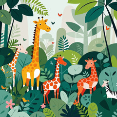 Cute Giraffes and Zebra in Jungle Illustration- Cartoon Animal Scene with Lush Greenery and Tropical Plants- Adorable Wildlife Artwork for Kids and Nature Lovers