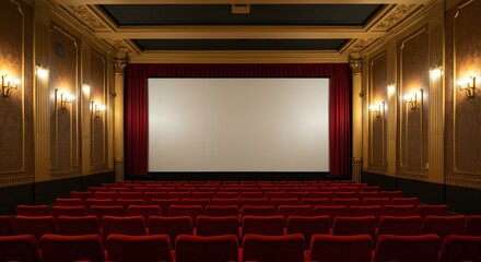 Empty Movie Theater Classic Cinema Interior with Red Seats and Large Screen