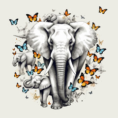 Elephant Family Surrounded by Butterflies Art - Whimsical Wildlife Illustration - Graphite Elephants with Colorful Butterfly Accents - Unique Animal Art