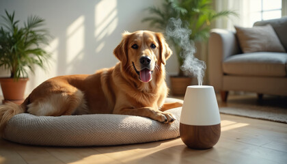 Golden Retriever dog relaxes in cozy living room. Pet lies on soft bed near aroma diffuser. White vapor, pleasant scent create calming home environment. Pet enjoys relaxation.