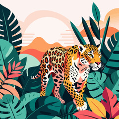 Jaguar in Lush Jungle Illustration-Vibrant Wildlife Art with Tropical Leaves-Exotic Animal Graphic Design-Jungle Cat Artwork-Nature Inspired Illustration