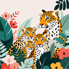 Leopard Family Illustration-Stylish Art of Mother Leopard and Cubs Surrounded by Tropical Foliage-Vibrant Animal Art with Floral Accents-Perfect for Decor or Design Projects