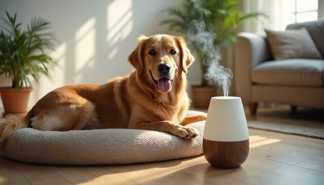 Golden Retriever dog relaxes in cozy living room. Pet lies on soft bed near aroma diffuser. White vapor, pleasant scent create calming home environment. Pet enjoys relaxation.