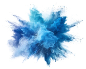 A vibrant explosion of blue and white powder creating a dynamic and abstract visual effect on black background