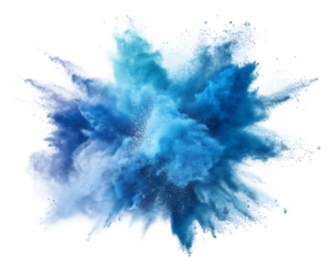 A vibrant explosion of blue and white powder creating a dynamic and abstract visual effect on black background