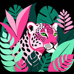 Pink Leopard Illustration-Jungle Animals-Tropical Leaves Graphic Art-Modern Art Print-Home Decor-Digital Art-Vibrant Colors-Animal Illustration