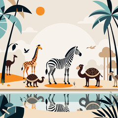 Safari Animal Illustration-Cute Zebra Giraffe Camel Turtle-Palm Trees and Water Reflection-Whimsical Wildlife Art-Kids Room Decor-Nature Theme