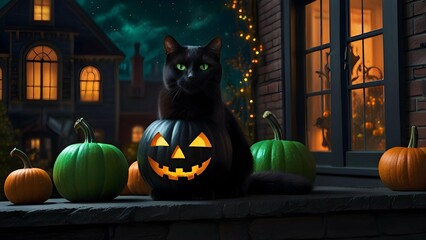An elegant black cat with glowing green eyes, perched atop a smoky windowsill overlooking a festive Halloween street below, pumpkins glowing and children trick-or-treating.