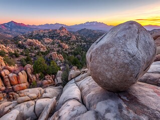 Large boulder resting on a rocky surface at sunrise.