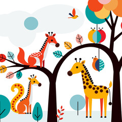 Whimsical Animals in a Forest Illustration-Giraffes Foxes and Birds-Colorful Cartoon for Children-Playful and Bright Image for Kids-Animal Theme Art