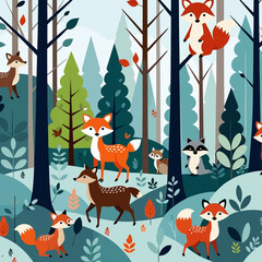 Whimsical Forest Friends- Cute Cartoon Animals in the Woods- Foxes- Deer- Racoon and Squirrel- A Colorful Woodland Scene Perfect for Children's Decor- Nursery Art- and Fabrics