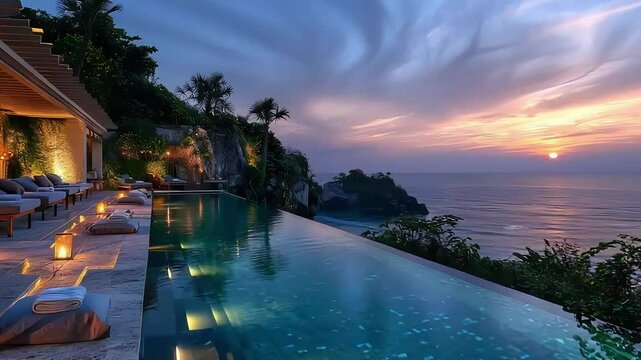 Serene infinity pool reflects twilight sky footage