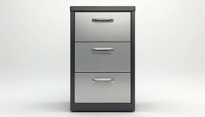 Silver three-drawer filing cabinet. Office furniture for paperwork storage. Contemporary design, metal drawers. Isolated on white background, ideal for office interior design projects, business