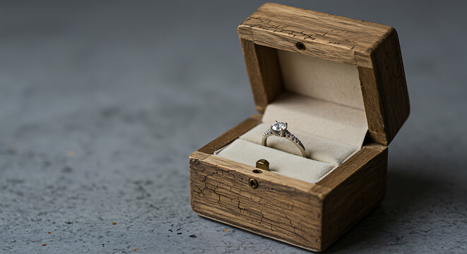 Diamond engagement ring inside a rustic wooden box on a gray background, diamond, ring, engagement ring, wedding, proposal, love, marriage, wood, wooden, box, rustic, vintage, jewelry, gemstone, preci