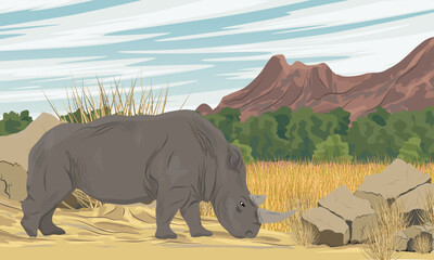 White rhino walking on sandy road at the foot of mountains. Realistic vector african landscape