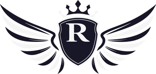 Logo with royal crown and shield featuring letter R and wings vector illustration.
