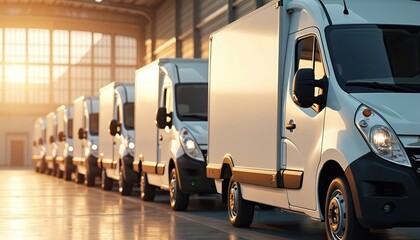 Row white commercial vans parked inside well-lit warehouse. Fleet delivery vehicles ready for transport, shipping. Business transport logistics, automotive industry.