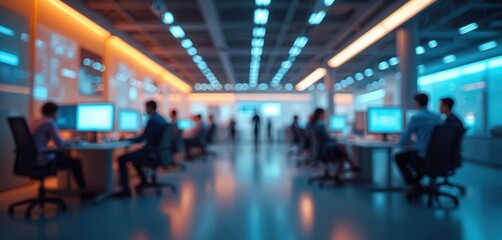 Blurred background of businesspeople working in modern tech office. Workers use computers, focused on tasks, in data center. Innovation, modern office interior. Business, finance, work, workplace.