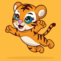 Cute Cartoon Tiger Jumping on Yellow Background