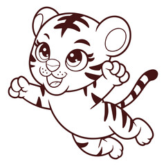 Cute Cartoon Tiger Jumping line art design vector illustrator on White Background.