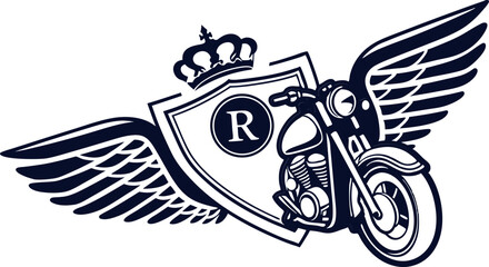 Logo with royal crown and shield featuring letter R and wings vector illustration.