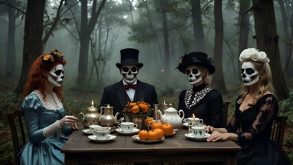 An eerie yet whimsical Halloween tea party in a forest clearing, skeleton guests in fine suits and dresses, steam and smoke rising from teacups and candles.