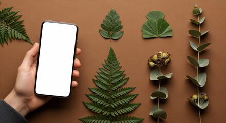 Hand holding phone with blank screen surrounded by fern leaves and eucalyptus on brown background