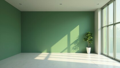 Green wall empty room with plant and sunlight