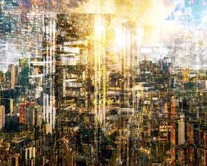 Digital city skyline with overlayed data streams.