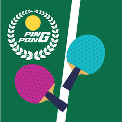 Ping pong, tournament poster, green tennis table, two rackets, ball. Banner, sports school, table tennis training, training, fitness