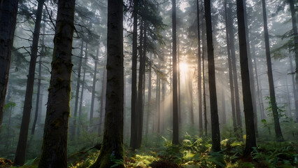 Obraz premium Misty forest floor bathed in sunlight