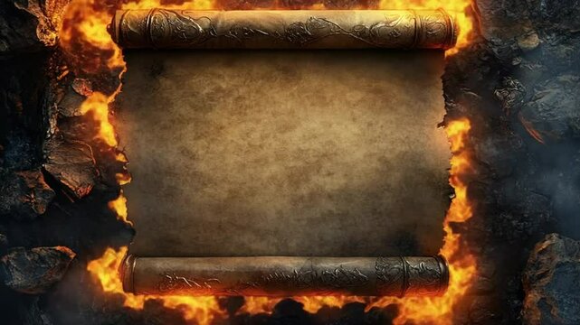 Ancient Scroll Framed in Fire, Perfect for Fantasy, Game Design Backgrounds, 4K