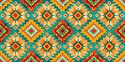 Colorful geometric pattern with warm tones and intricate designs, perfect for textiles.