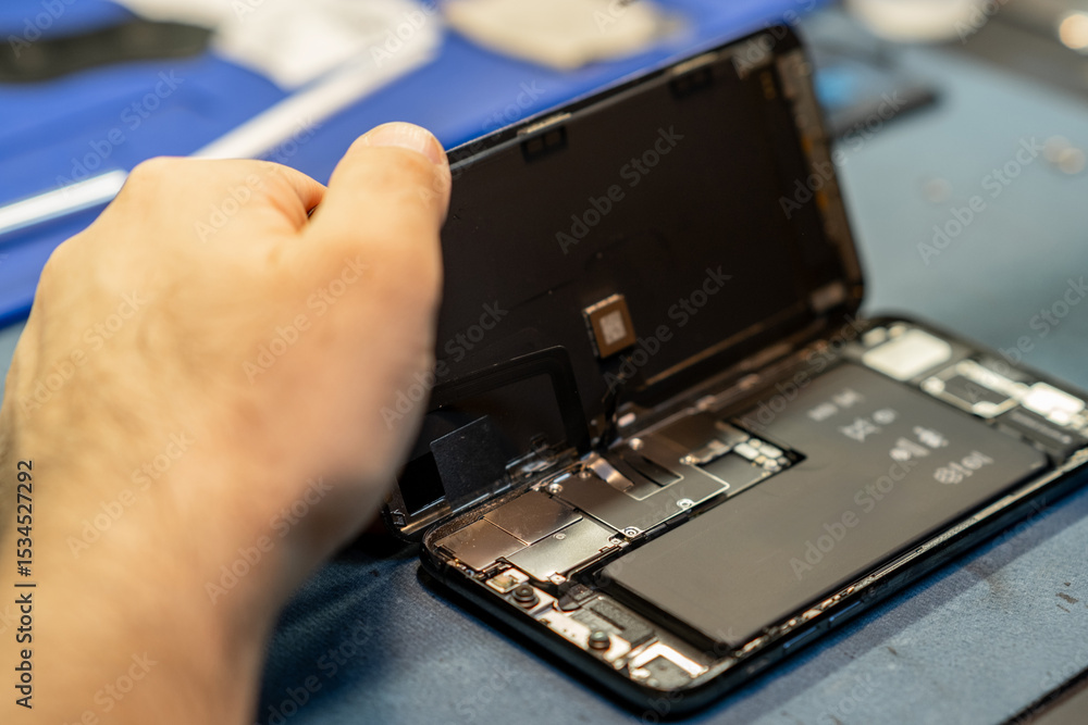 Poster expert phone repair technician working on a smartphone display, ensuring proper connections and func