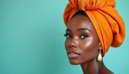 Portrait African woman in orange headwrap on teal background. Confident female model wearing turban fabric accessory, elegant jewellery earring, make-up, beauty look in studio.