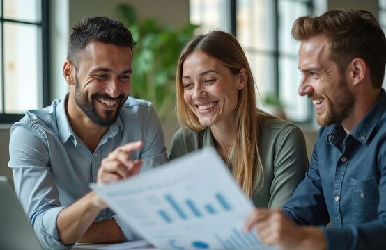 Diverse business team analyze financial data at meeting. Smiling employees discuss company report, use charts. Successful office work, cooperation. Analysis, brainstorming, planning, strategy.