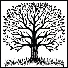 Obraz premium Black Silhouette Tree with Roots and Leaves – Symbolic Nature and Growth Vector Art
