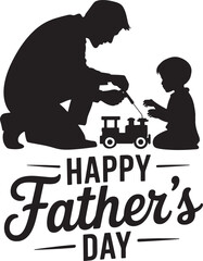 Father and son playing with a toy train silhouetted for happy father's day greeting card