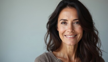 Naklejka premium Studio portrait of attractive caucasian woman with dark long hair. Smiling mature female, perfect skin, healthy teeth. Middle age, confidence, beauty, style. White background, natural lighting. Ideal