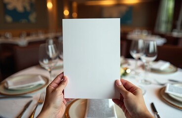Hands holding blank menu paper at luxury restaurant table setting. Plate silver cutlery on background. Mockup sheet for restaurant, cafe, bar, catering business design.