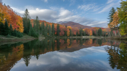Obraz premium Autumn foliage reflected in a still lake with mountains and cloudy sky in the background scenery