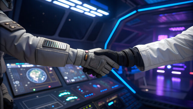 Astronauts shake hands in a spaceship cockpit surrounded by control panels