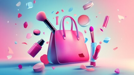 Pink handbag, makeup, flying