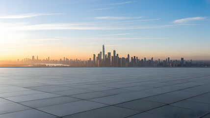Naklejka premium City skyline at dawn viewed from a tiled platform under a blue and orange sky in an urban landscape