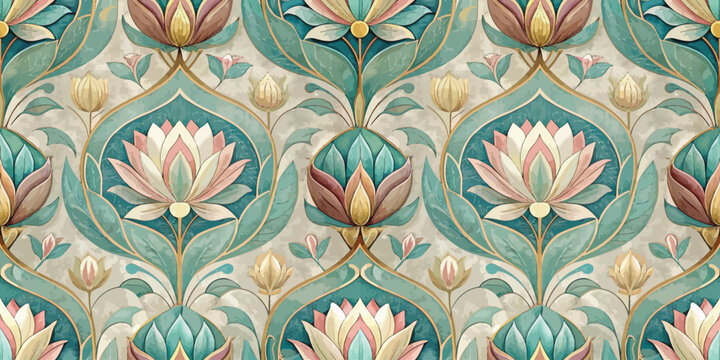 Fototapeta Intricate floral wallpaper design featuring elegant lotus flowers in pastel hues.