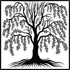 Black Silhouette Tree with Roots and Leaves – Symbolic Nature and Growth Vector Art