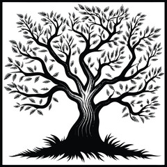 Black Silhouette Tree with Roots and Leaves – Symbolic Nature and Growth Vector Art