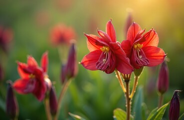 Close-up shot of red columbine flowers in bloom with blurred green background. Springtime botanical beauty with blossoms, petals, green leaves and yellow stamens. Nature floral art.