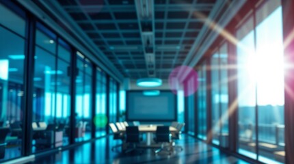 blurred background of a modern office interior with panoramic windows and beautiful lighting, Blurred office meeting room